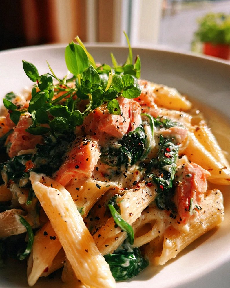Cremige Penne mit Lachs, Sahnesauce & frischem Spinat
