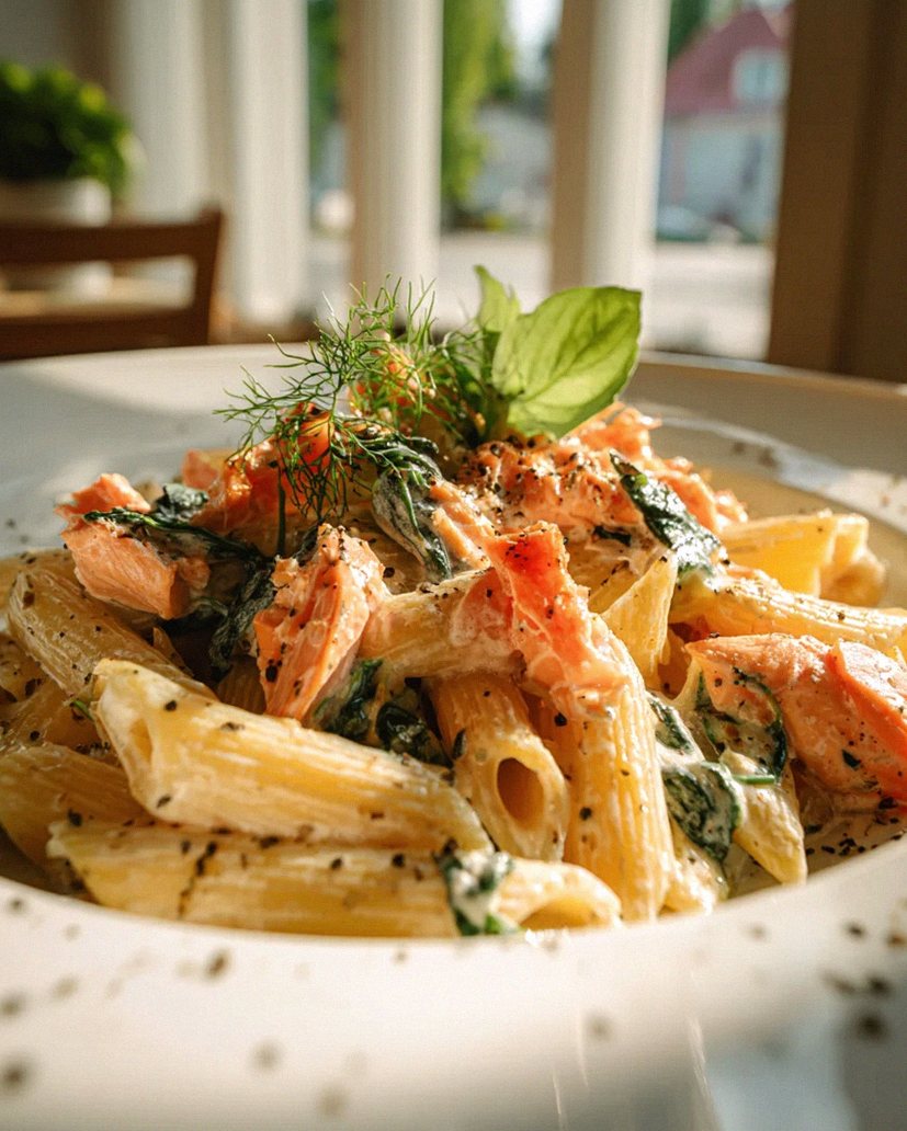 Cremige Penne mit Lachs, Sahnesauce & frischem Spinat – Schritt 2