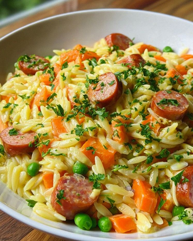 Kritharaki-Pfanne mit Würstchen