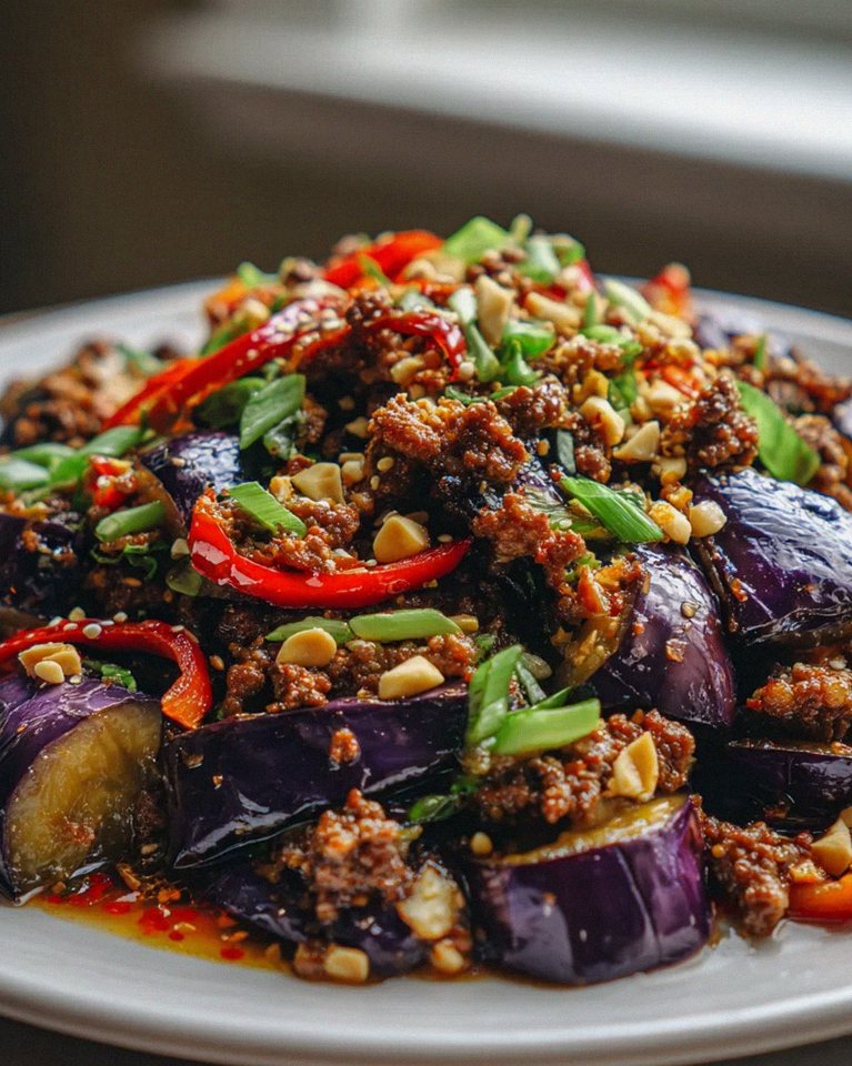 Scharfe Szechuan-Auberginen-Pfanne mit Rinderhackfleisch