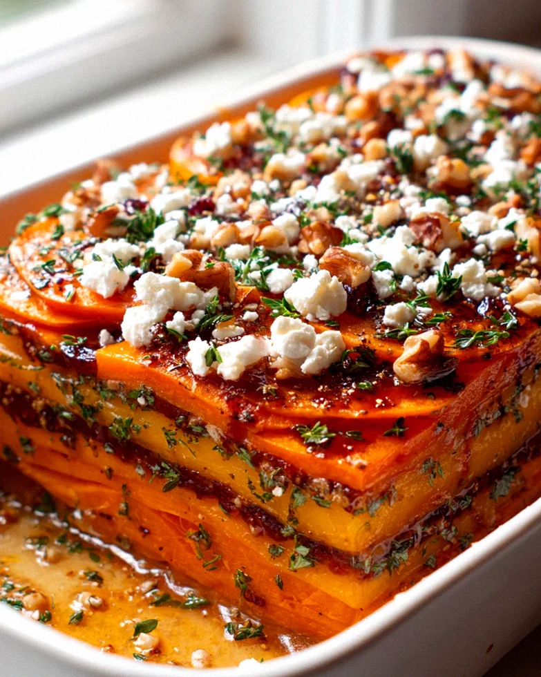 Süßkartoffel-Kürbis-Lasagne: Feta, Walnüsse, Cranberry-Honig